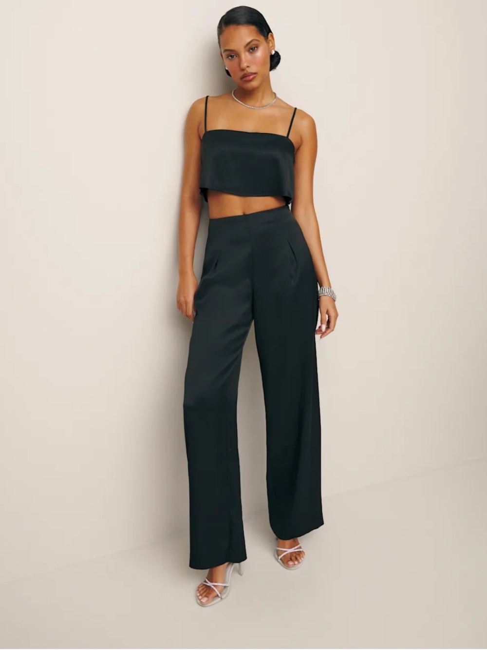 Reformation Petites Cleo Satin Two Piece Black - Size 6P